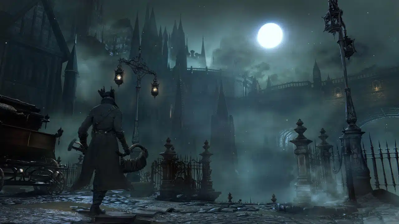 Immagine di Bloodborne con un cacciatore in un desolato mondo gotico mentre cammina verso la luna di notte